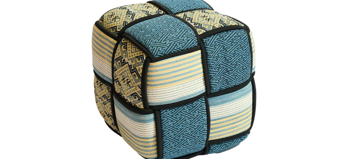 Hui Foundation_Huizhou Zhao x Guizhou Textile, Guizhou Ethnic Motif Lounge, 2025, tessuto etnico ricamato, 30 x 30 x 30 cm